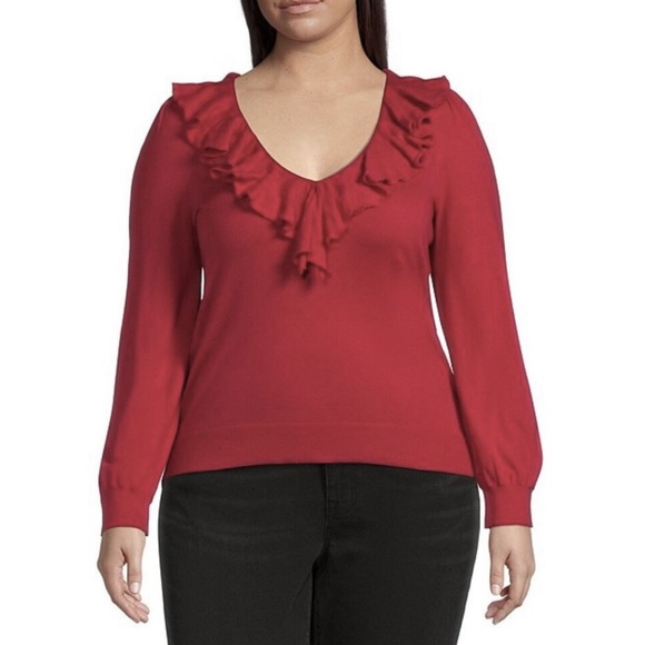 NWT LAUREN Ralph Lauren Ruffle-Trim Jersey Sweater in Red Sz. 2X - Picture 1 of 1